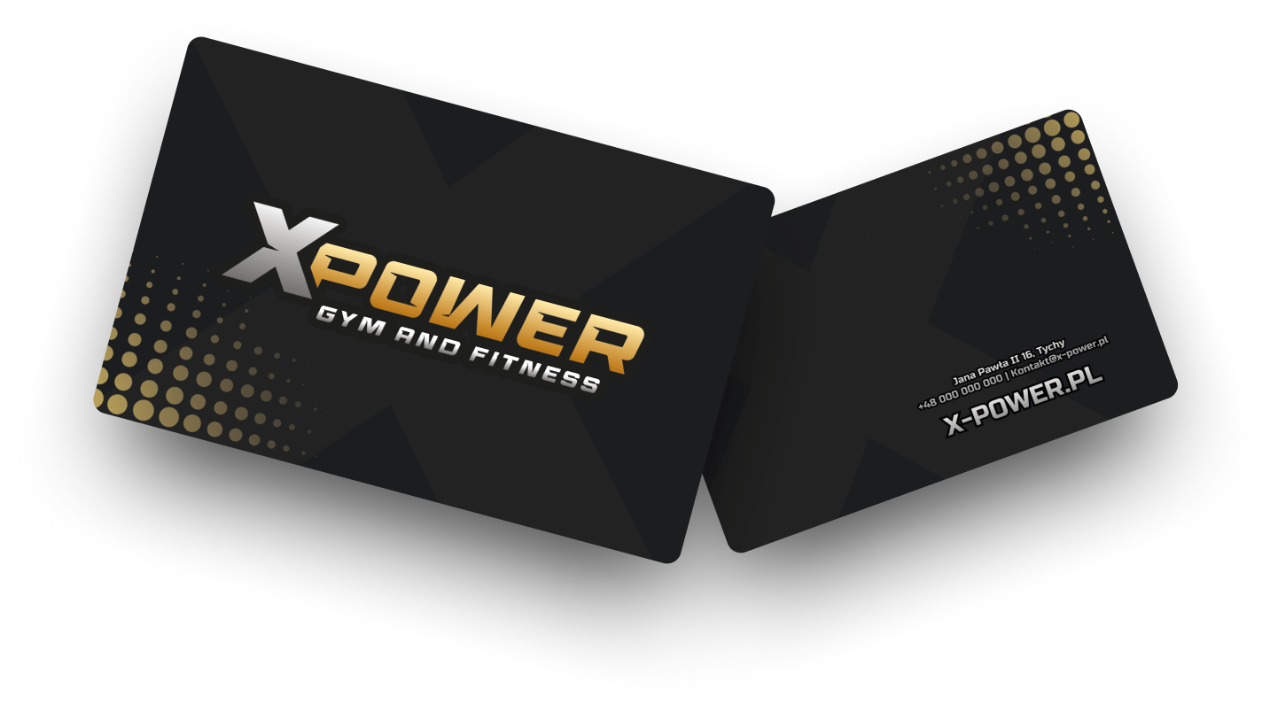 Karnet na siłownię XPower z logo, informacjami kontaktowymi i charakterystycznym designem, widoczny z obu stron.
