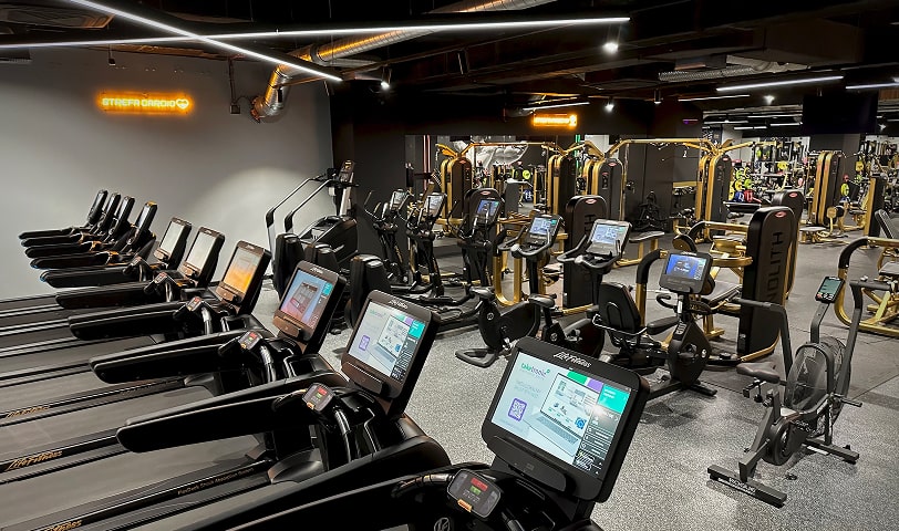 Strefa cardio w klubie fitness, wyposażona w bieżnie, rowerki, orbitreki i schody treningowe.