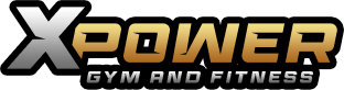 Logo XPOWER z tekstem 'GYM AND FITNESS' w srebrno-złotych kolorach z czarnym obramowaniem.